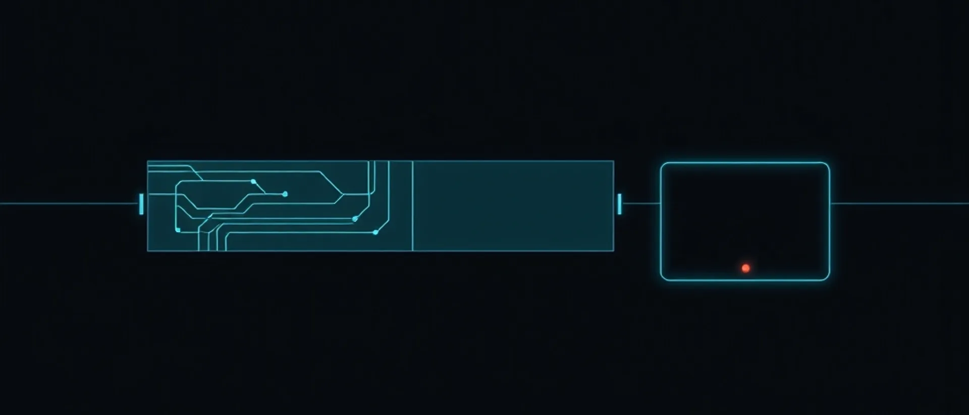 A long teal-outlined panel with circuitry lines on its left half and an empty right half, beside a separate hollow rounded panel holding a single coral point, on a near-black background