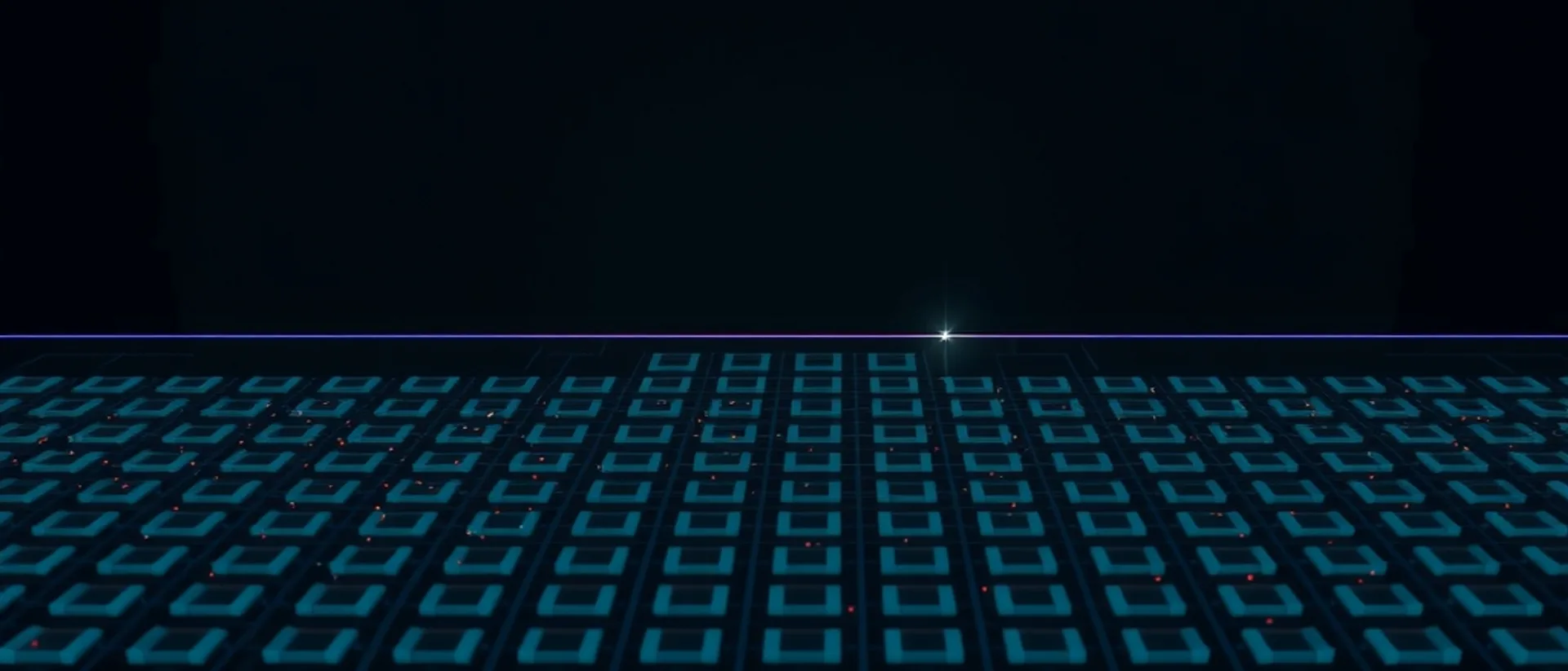 Rows of teal square cells in perspective on a dark background, with a thin indigo line and a small bright point above them and sparse coral specks