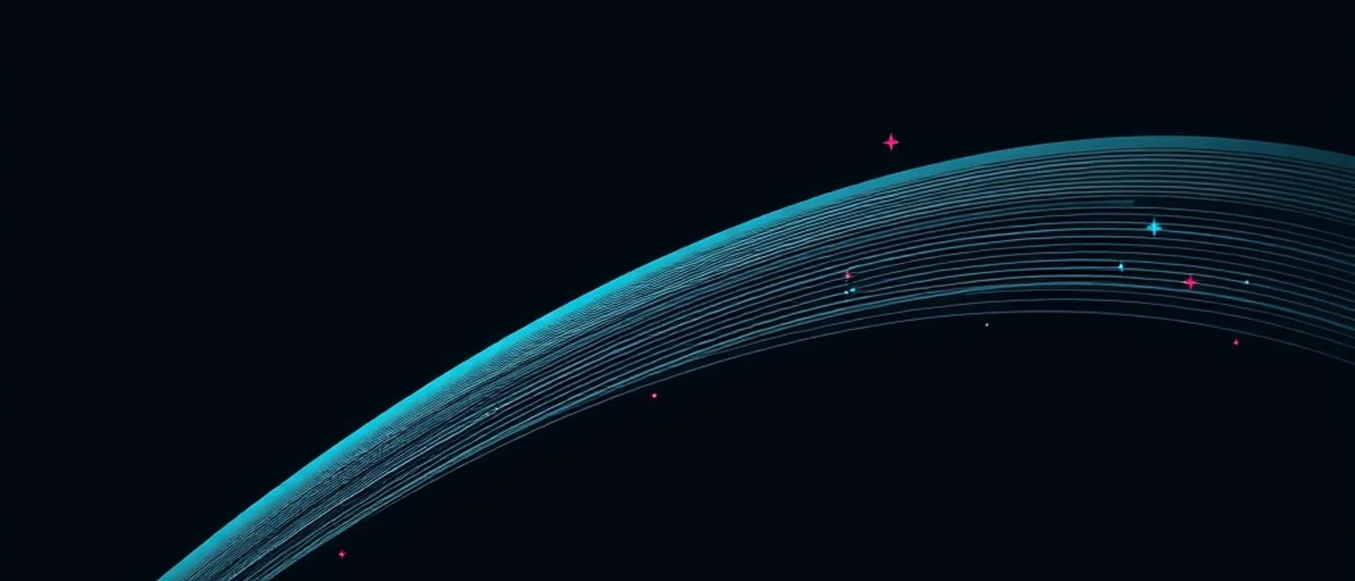 A sweeping arc of fine glowing teal lines across a dark navy frame, with a few small coral and cyan sparks