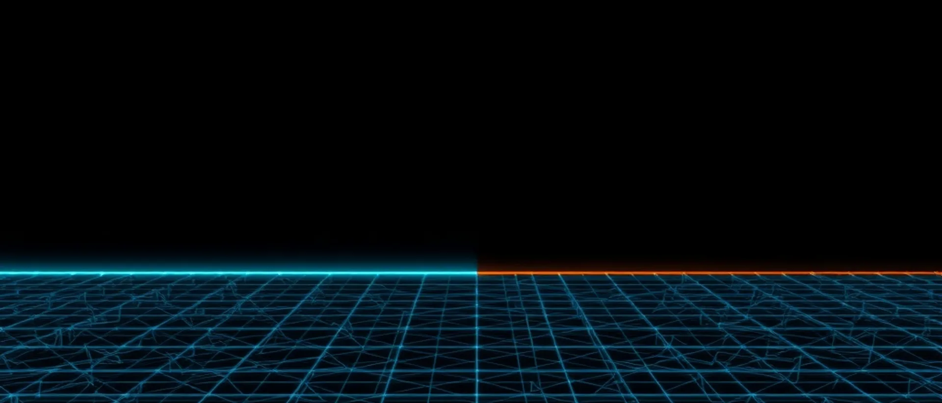 A perspective grid of fine blue lines on a black background, with a glowing cyan horizon line on the left half that turns orange on the right