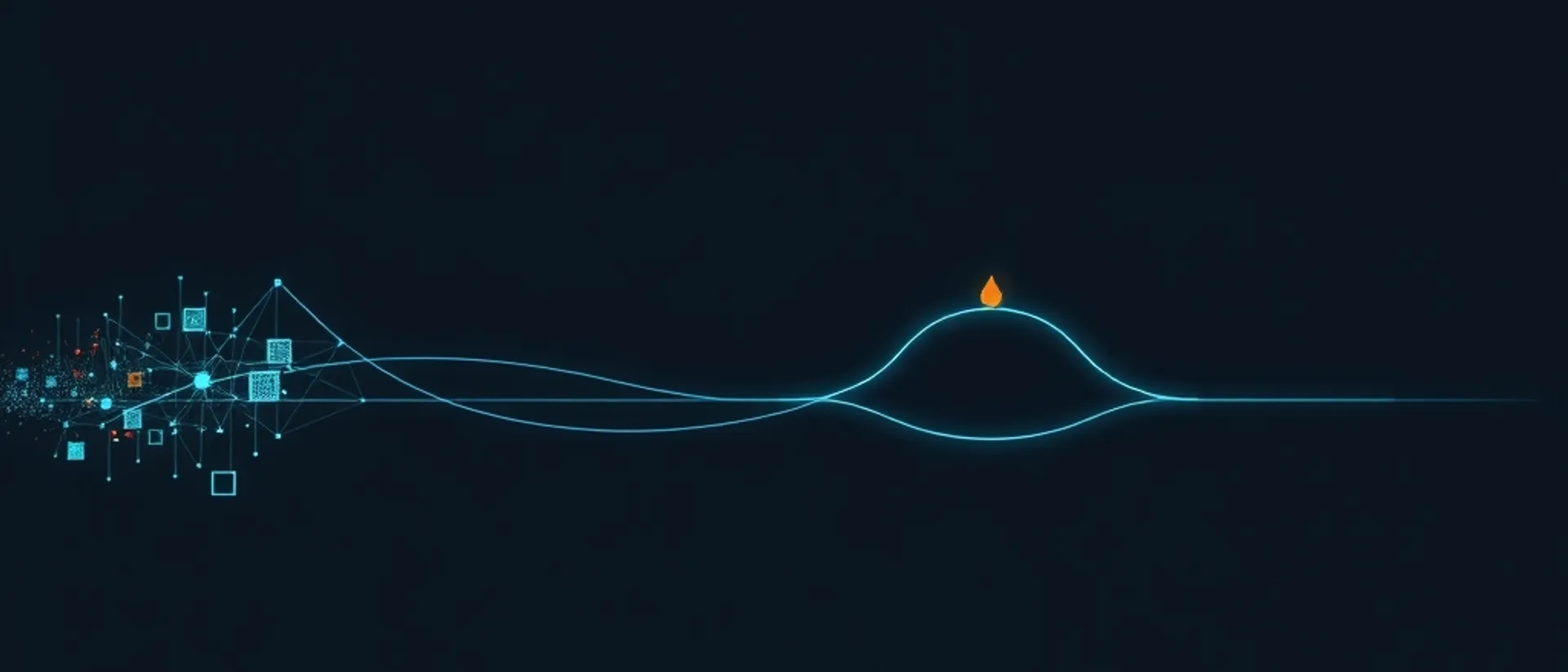 A scatter of small teal squares and connected points on the left resolving into two thin glowing lines that form an arch over a single orange flame-shaped point on a dark background