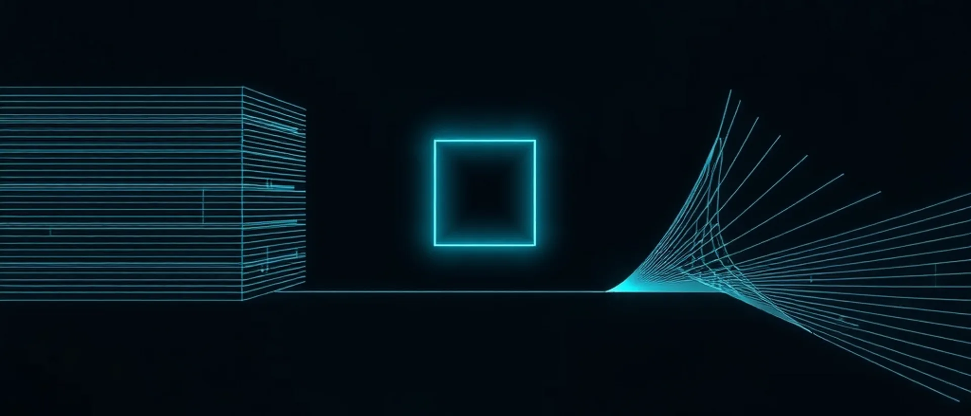 A block of stacked teal horizontal lines on the left, a glowing teal square frame in the centre and a fan of teal lines spreading out to the right, on a near-black navy background