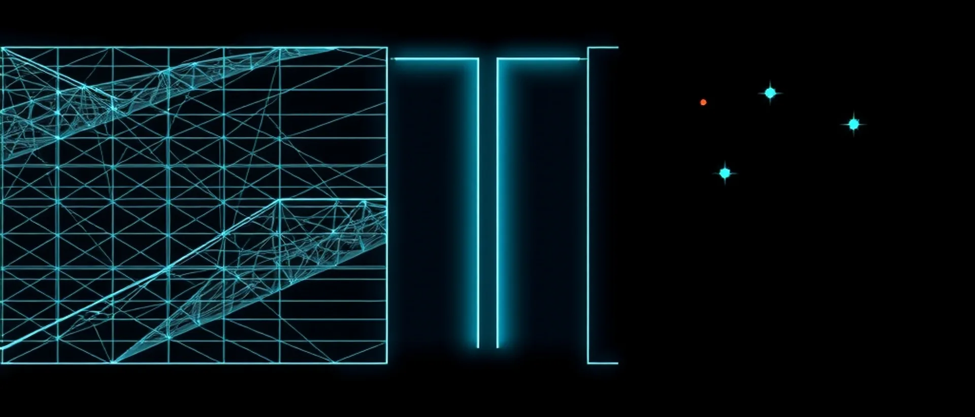 A glowing teal wireframe lattice on the left, two bright vertical teal beams forming a gate in the centre, and a few small teal points and one orange dot scattered on the right against a black background