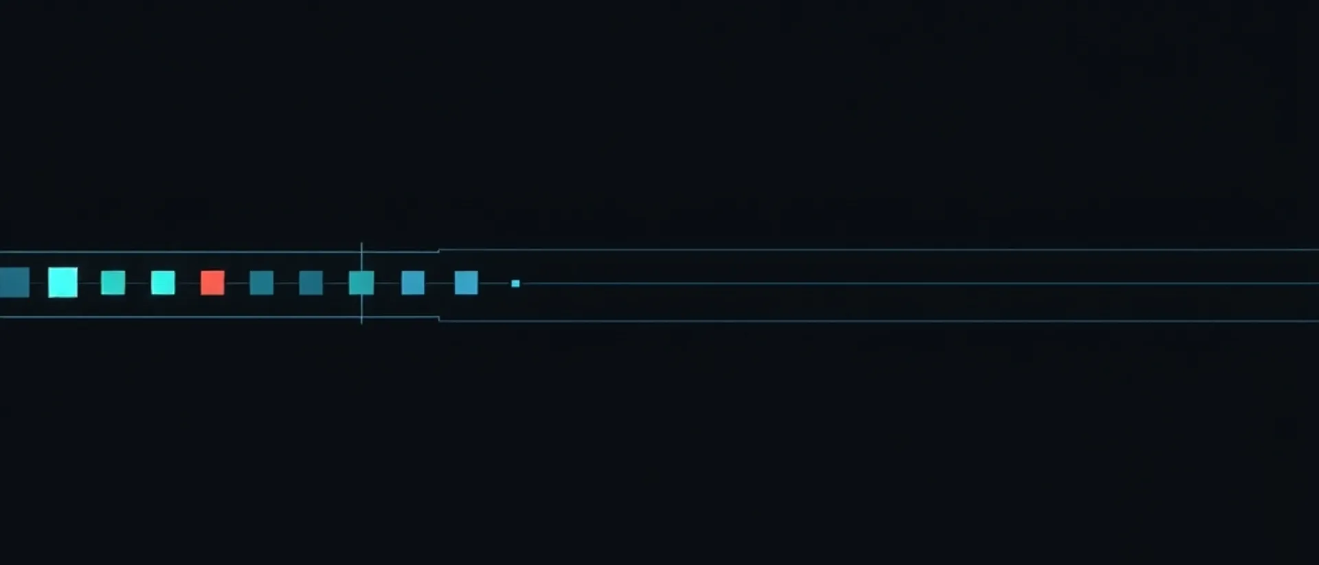 A row of teal and blue squares with one coral square, strung along thin horizontal lines on a dark background