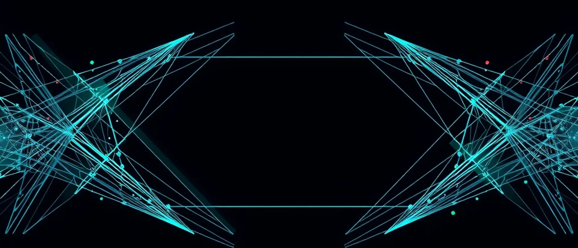 Two mirrored clusters of fine glowing teal lines converging on points at the left and right edges of a dark frame, with an empty dark space between them
