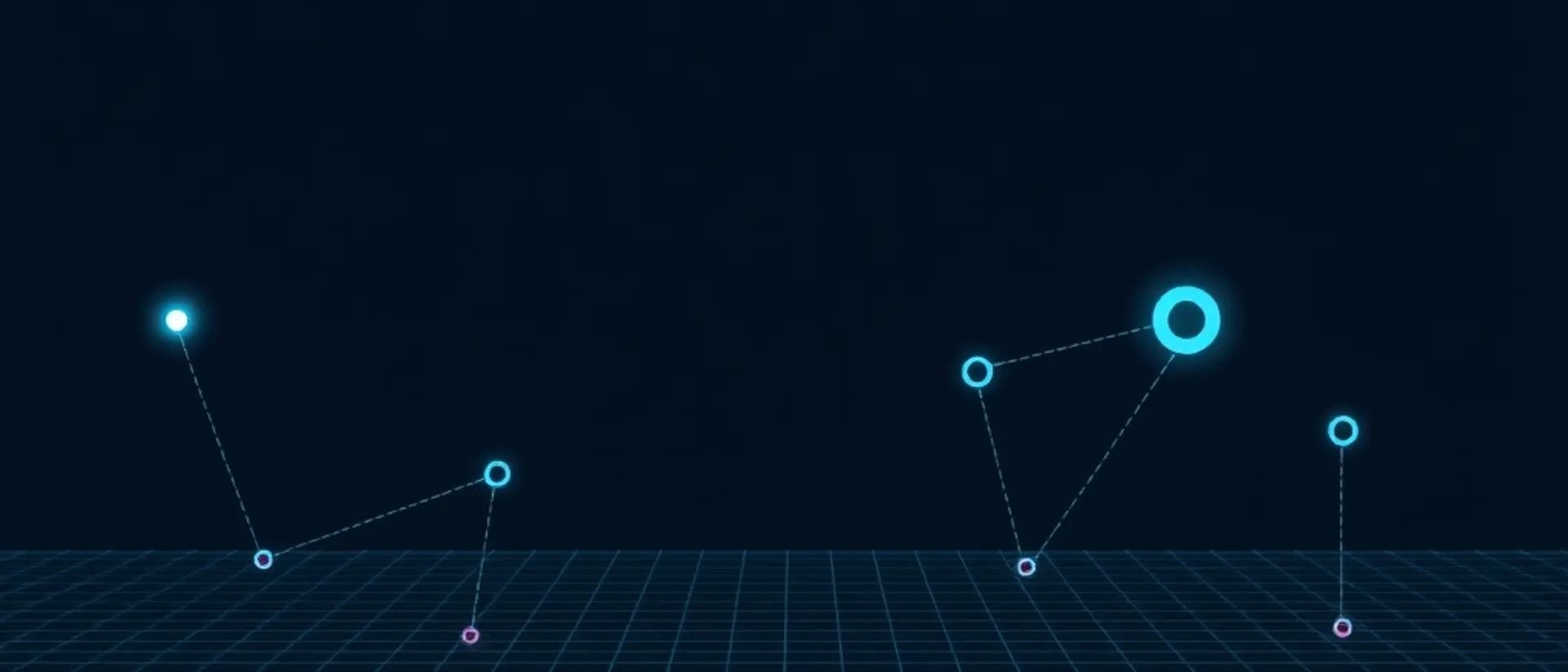 Teal and violet ring-shaped nodes joined by dashed lines in two clusters above a faint perspective grid on a dark navy background