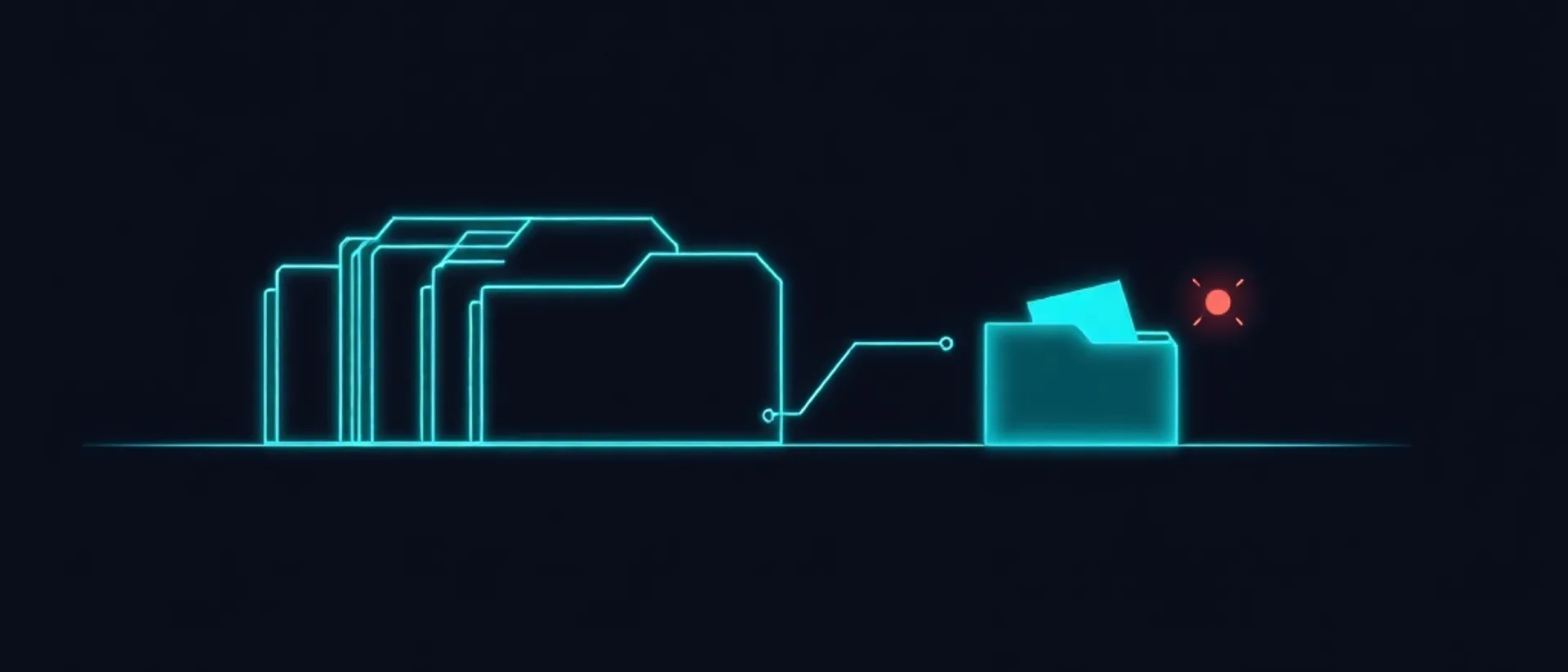 A stack of glowing teal outlined folders on the left joined by a thin line to a single filled folder on the right with a sheet rising from it, and a small coral point above it, on a dark navy background