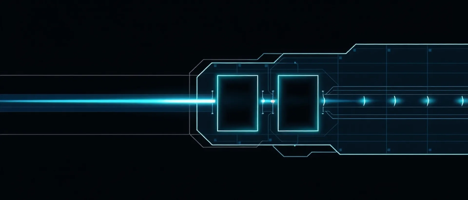 A bright teal beam travelling left to right through two glowing rectangular gates inside a thin circuit-like outline, on a near-black background