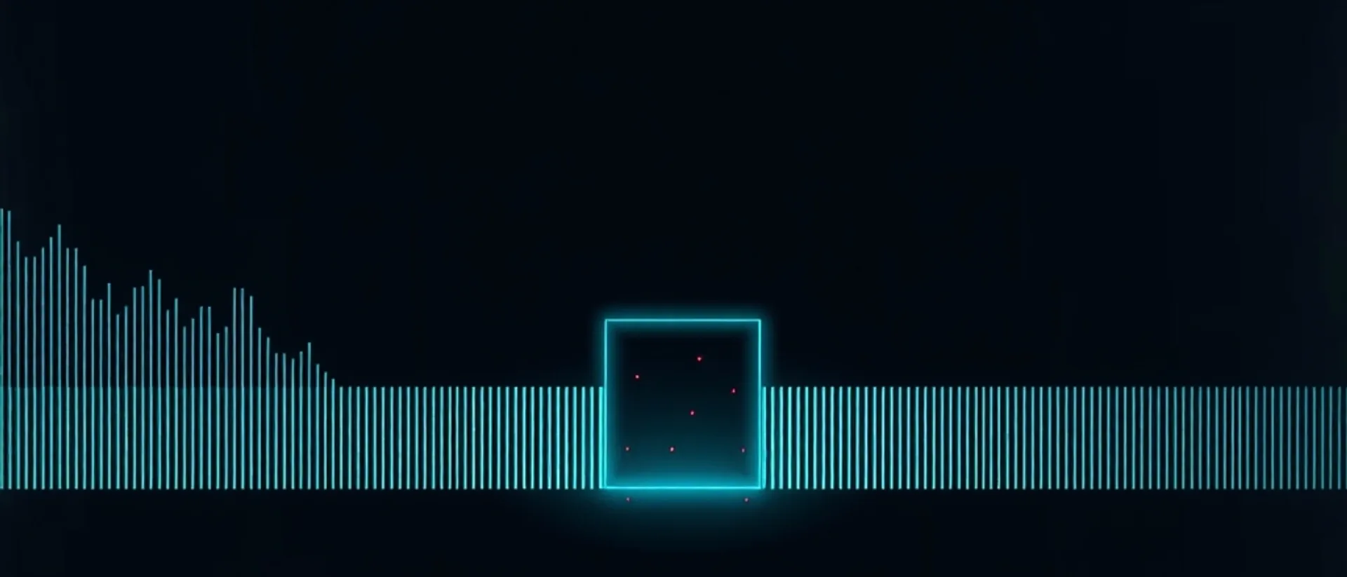 A row of thin teal vertical lines, tall and uneven on the left and uniform on the right, passing through a glowing teal square frame with a few small coral dots inside, on a near-black background