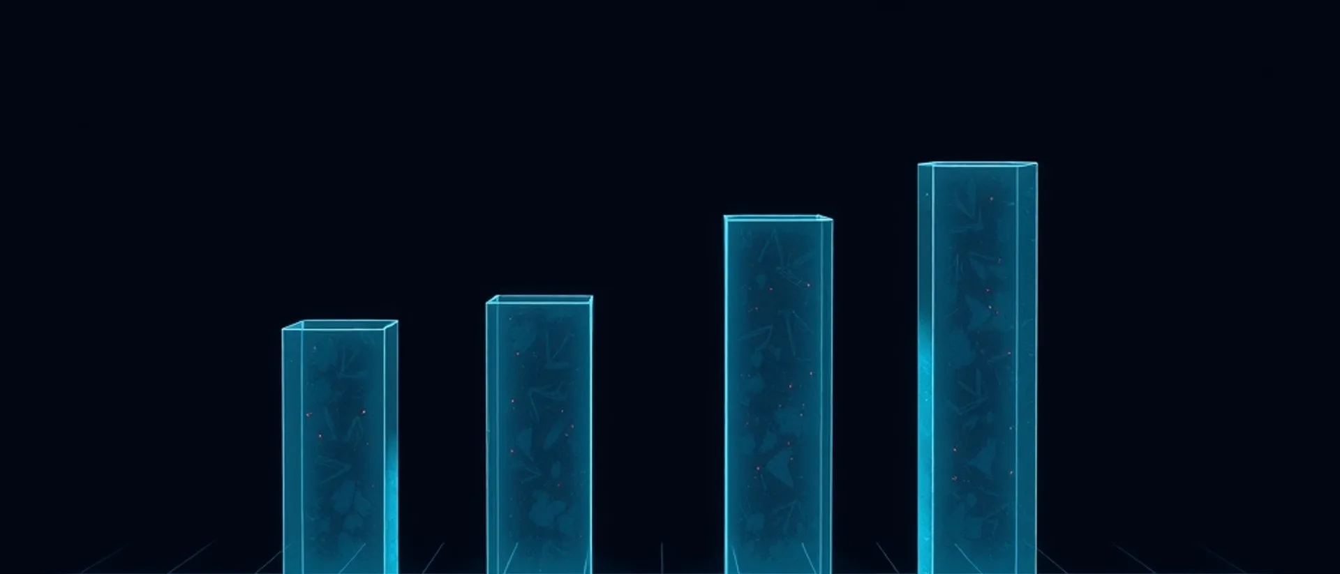 Four translucent teal glass columns of increasing height standing on a dark grid, with faint coral specks inside