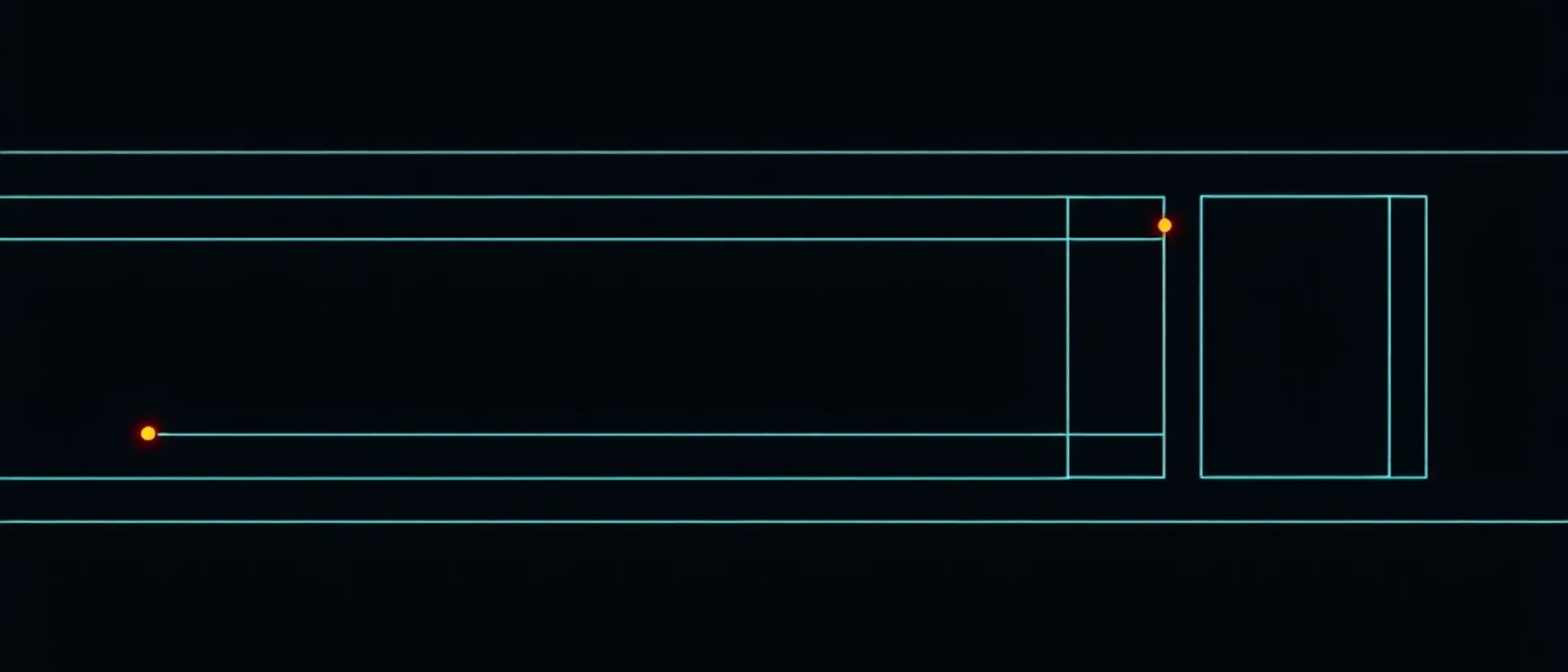 Thin teal horizontal lines running across a dark navy background into outlined rectangular frames on the right, with two small orange dots, one at the start of a line and one on a frame