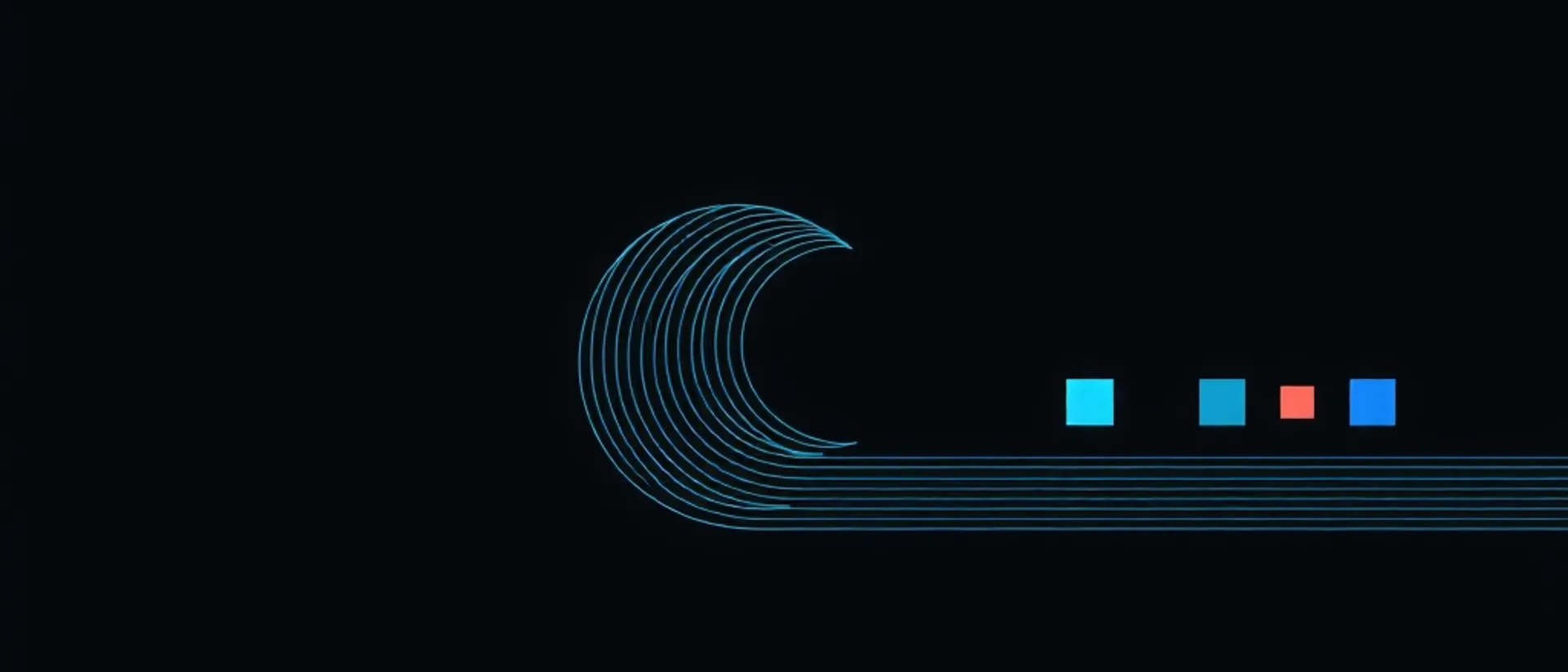 A crescent of thin teal concentric arcs that trails into parallel horizontal lines, with four small squares (cyan, teal, coral, blue) in a row to the right, on a near-black background