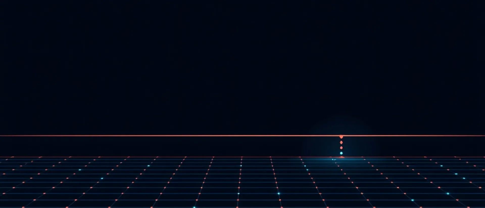 A perspective grid of fine dotted lines in the lower part of a dark navy frame, crossed by a thin coral horizontal threshold line with a short vertical column of coral and teal dots rising from the grid