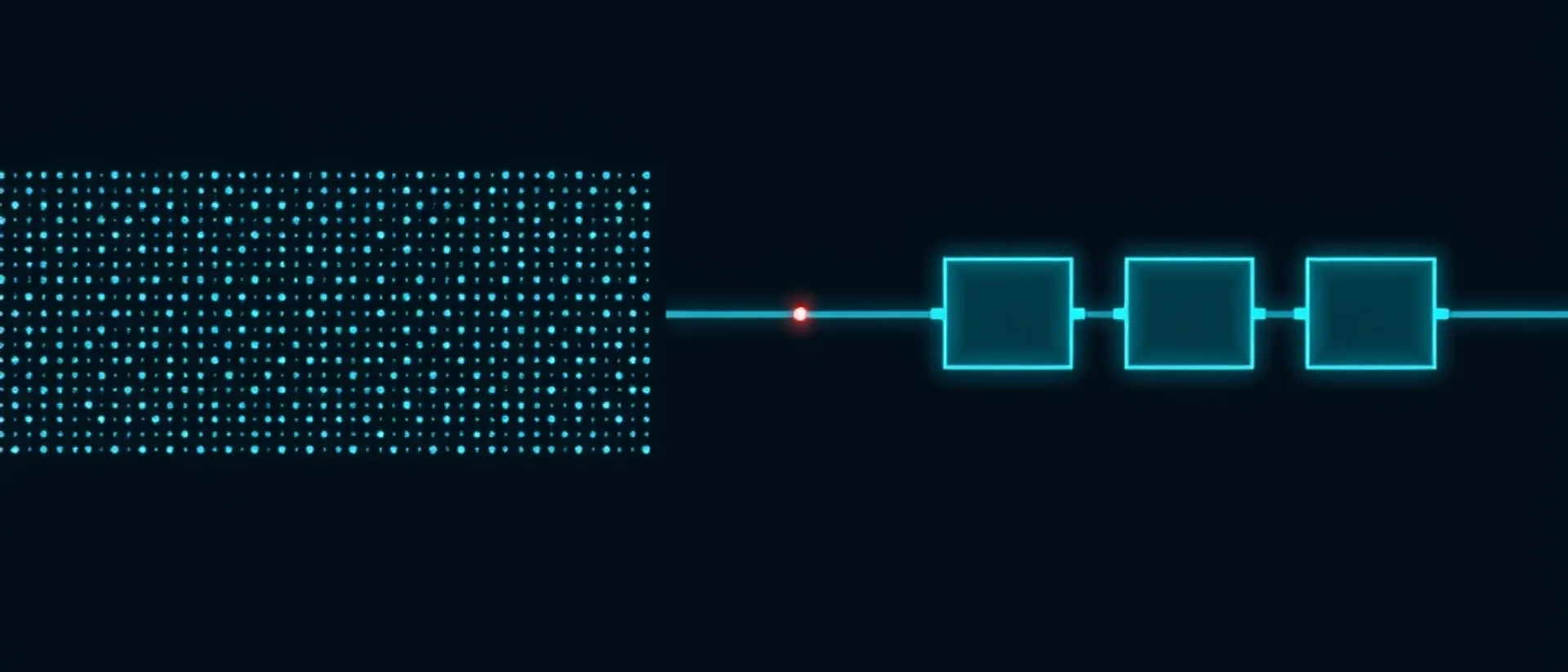 A rectangular lattice of cyan dots on the left, and a thin line with a small red point leading to a row of three glowing cyan boxes on the right, on a near-black navy background