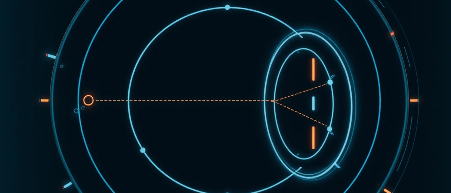 Concentric teal orbital rings with a dashed coral line running from a small circle to a central ellipse, marked with coral ticks