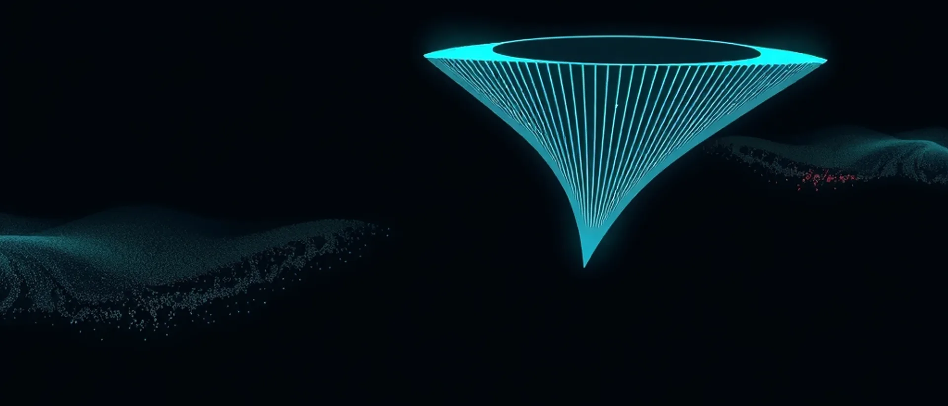 A glowing teal wireframe funnel narrowing to a point above a field of scattered teal dots, with a few small coral dots at the right, on a near-black background