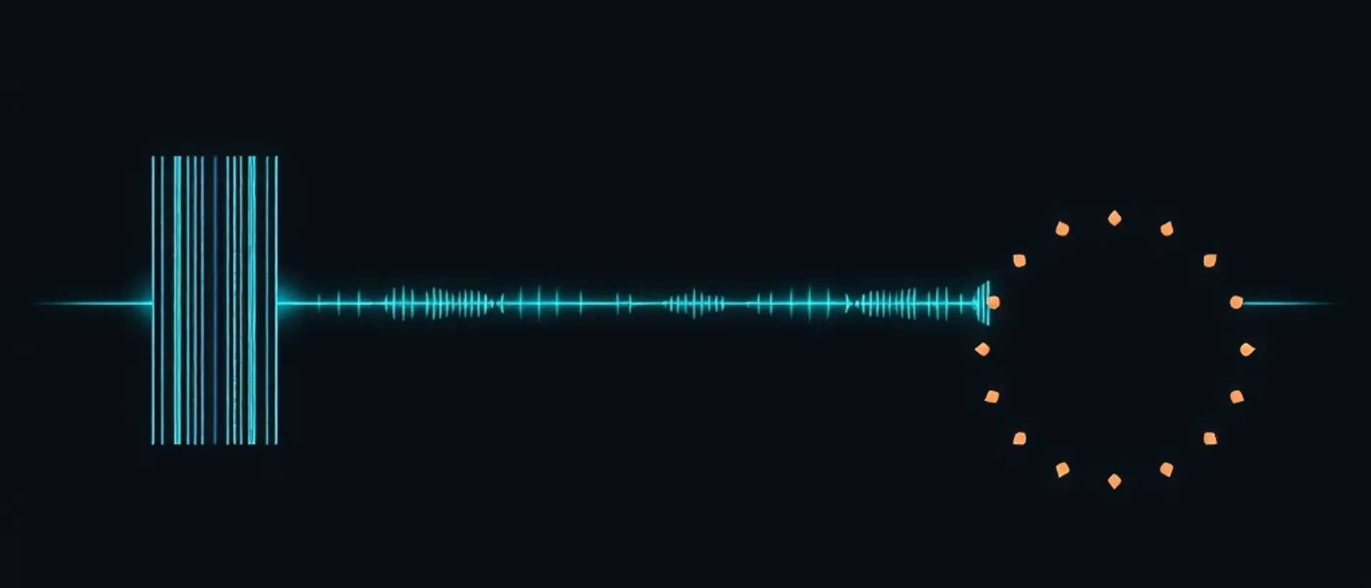 A block of thin vertical cyan lines on the left joined by a pulsing horizontal cyan line to a ring of small orange dots on the right, on a near-black navy background