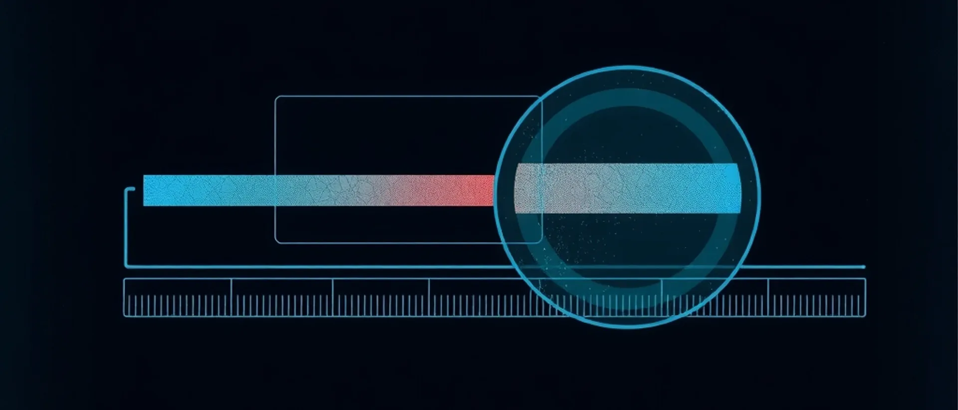 A horizontal bar under a circular magnifying lens that shows its fine texture, above a ruler of plain tick marks