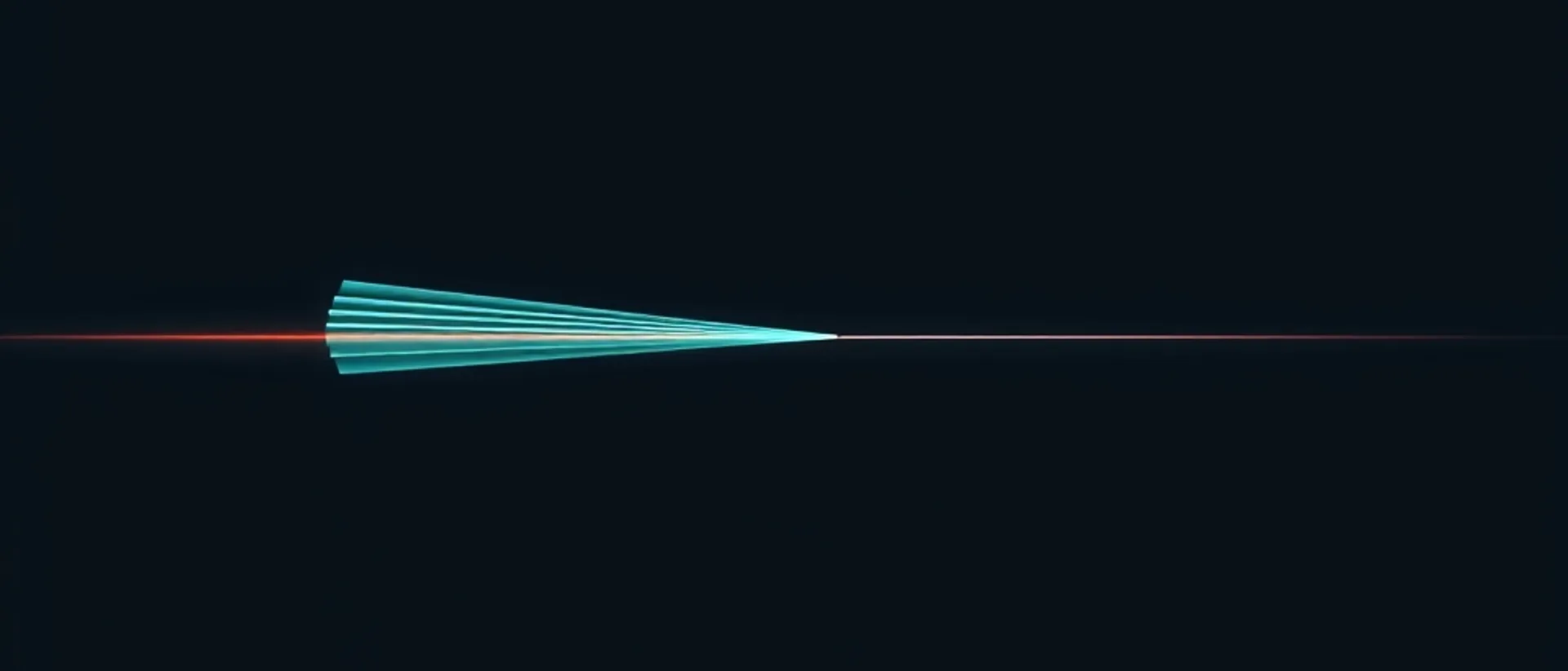 A fan of thin teal sheets narrowing to a point on a dark background, with a red line entering from the left and a pale line continuing to the right