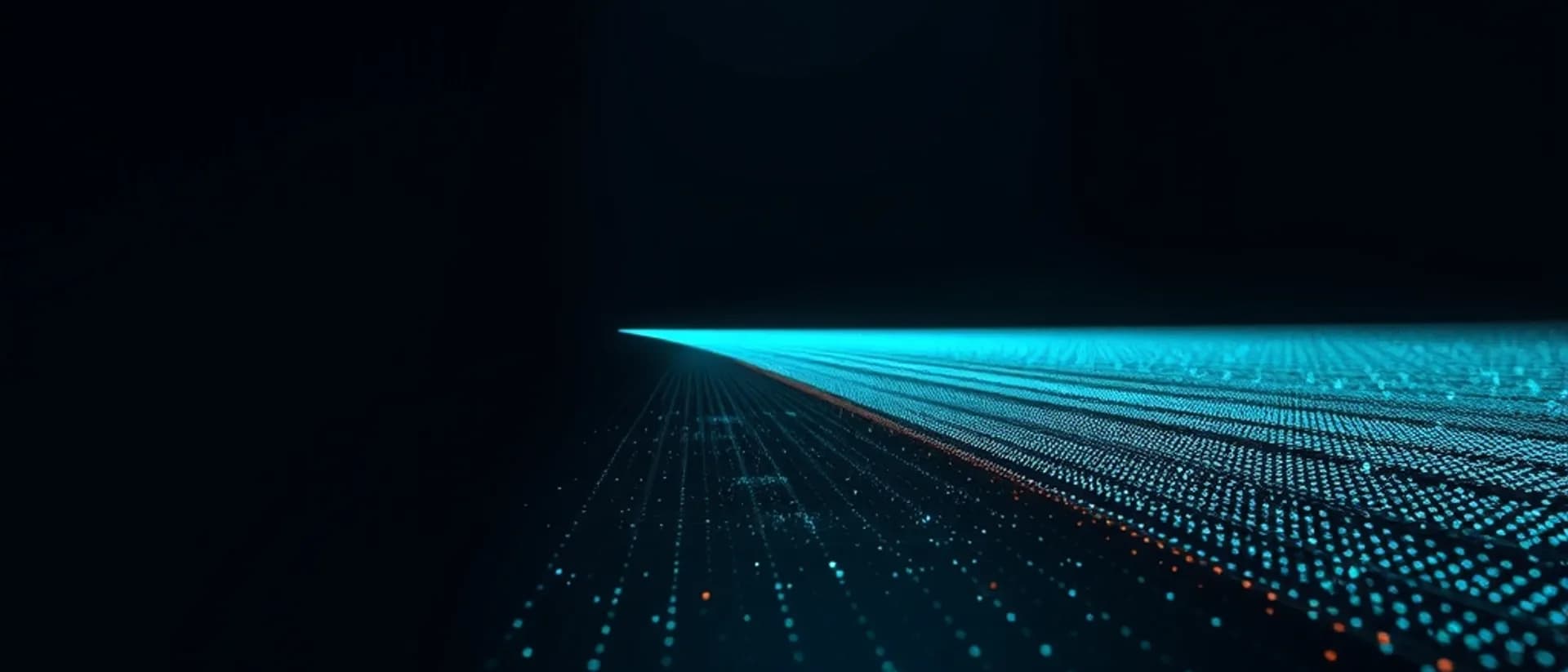 A bright cyan horizon line with fine dotted grid lines receding across a dark plane, flecked with small coral points