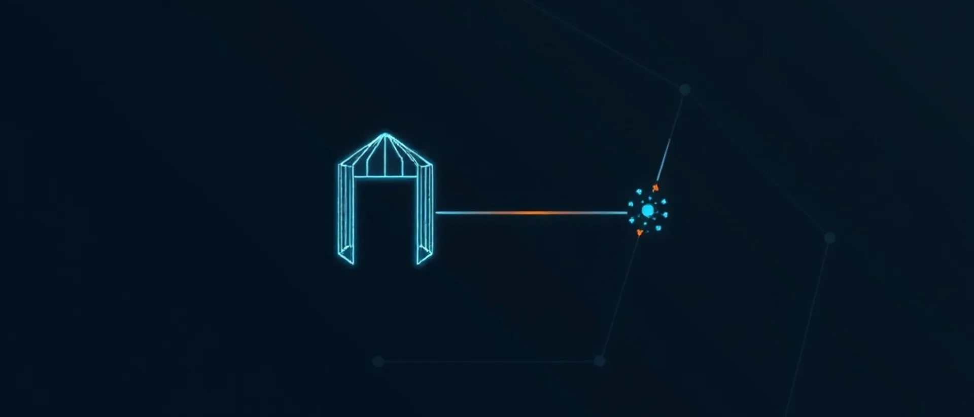 A small glowing teal wireframe gate on the left joined by a thin line fading from teal to coral to a tiny cluster of teal points on the right, on a dark navy background with faint network lines
