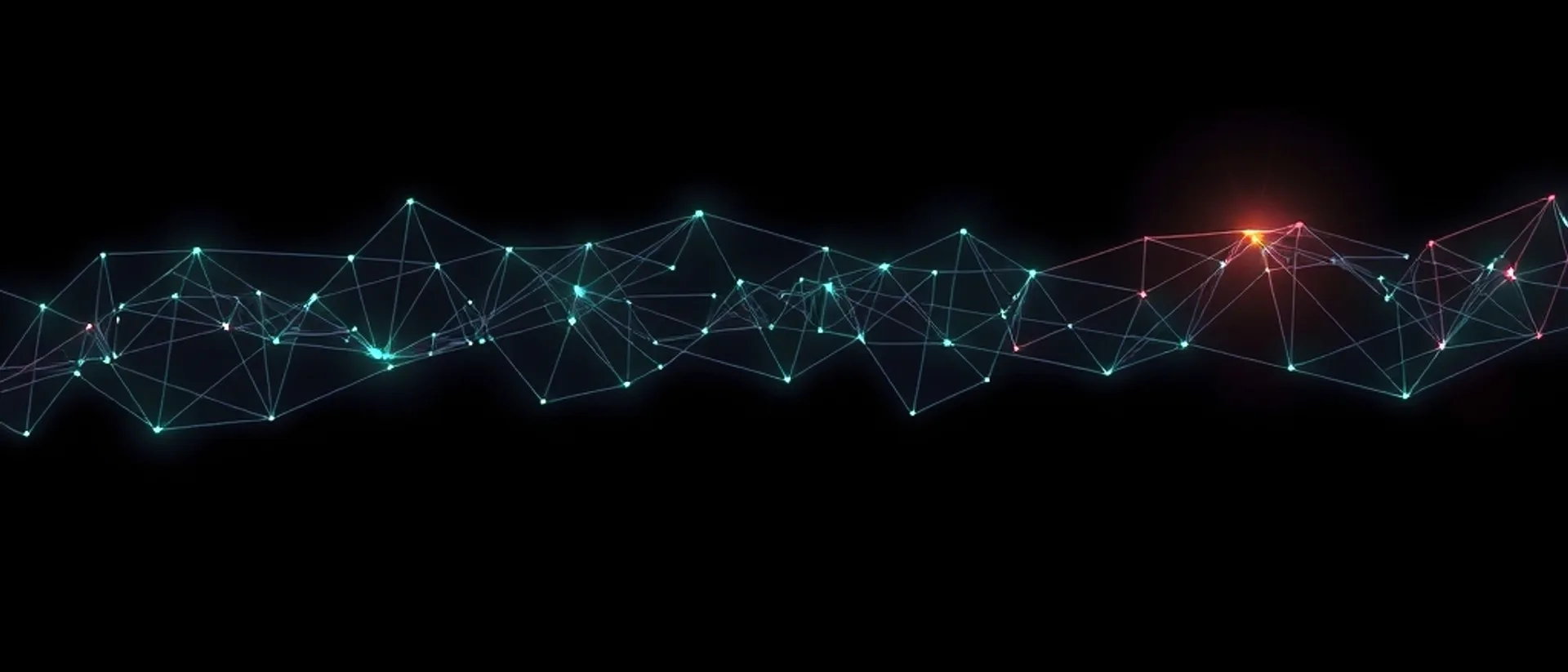 A band of thin teal lines joining small glowing nodes in a mesh across a black background, with one orange glowing node near the right