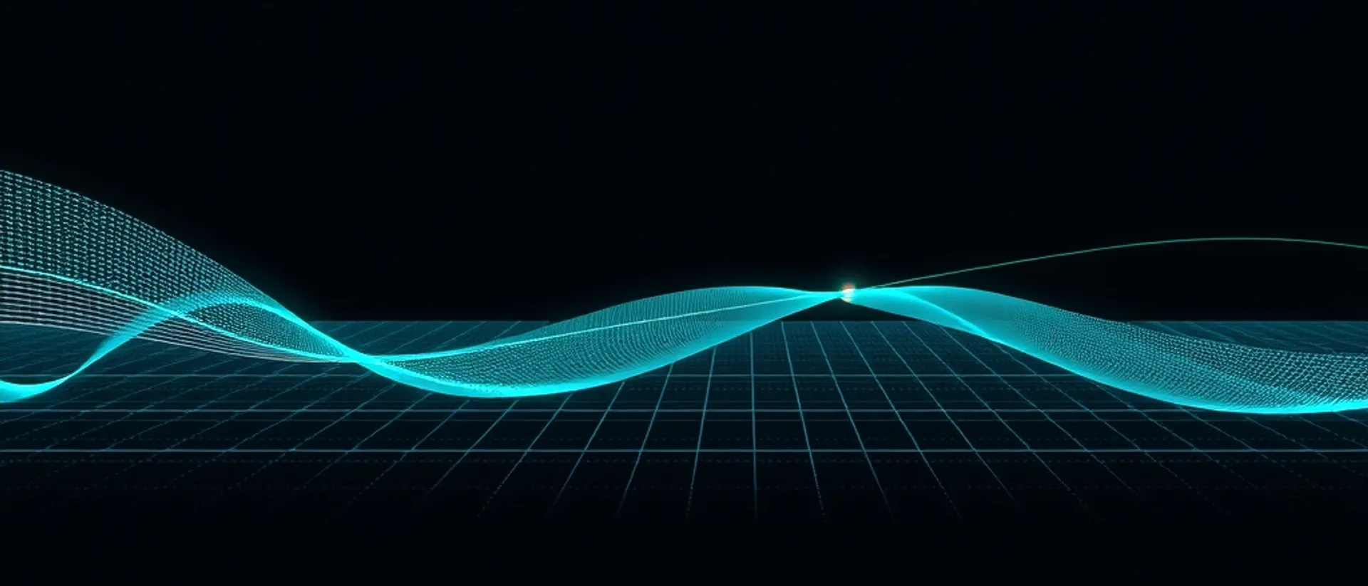 A glowing teal ribbon of fine dots twisting through a single bright point above a faint perspective grid on a near-black background