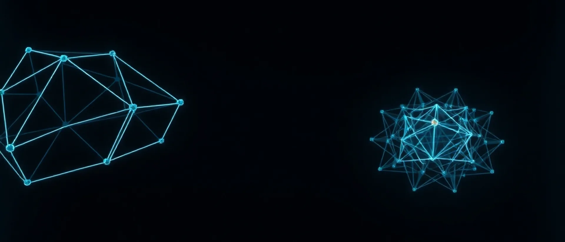 A large glowing cyan wireframe polyhedron at the left edge and a smaller, denser star-shaped cluster of cyan lines at the right, with one tiny orange point, on a black background