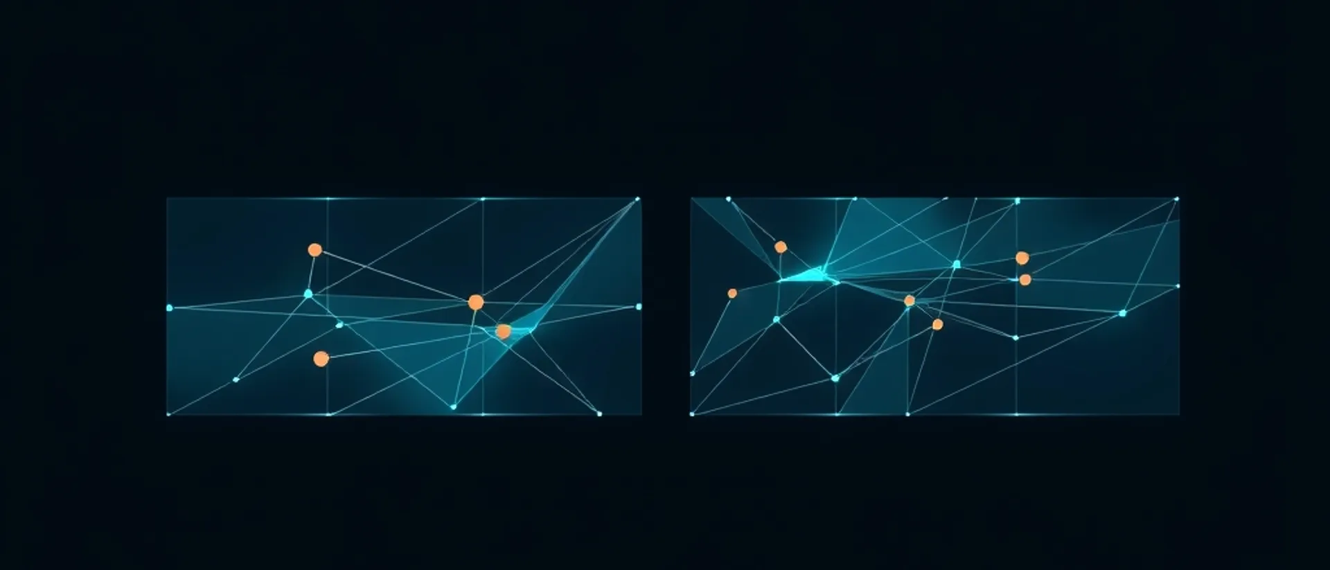 Two translucent panels side by side, each filled with a different network of teal lines and nodes with a few coral markers, on a dark navy background