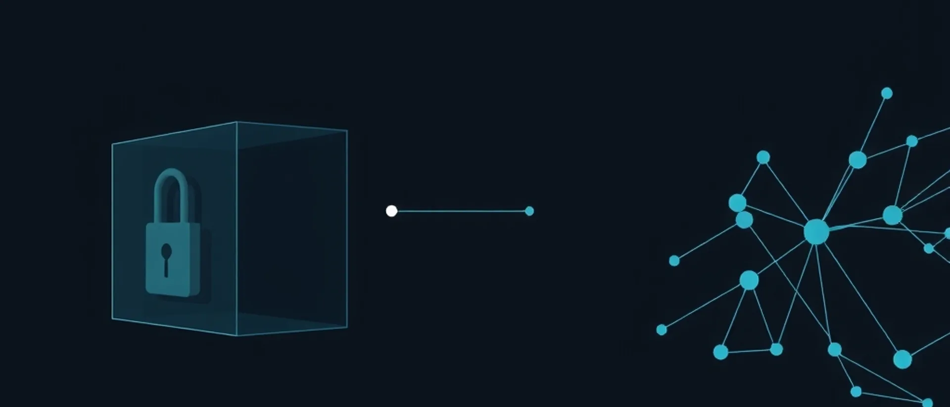 A translucent cube containing a padlock on the left, joined by a thin line to an open network of teal nodes on the right