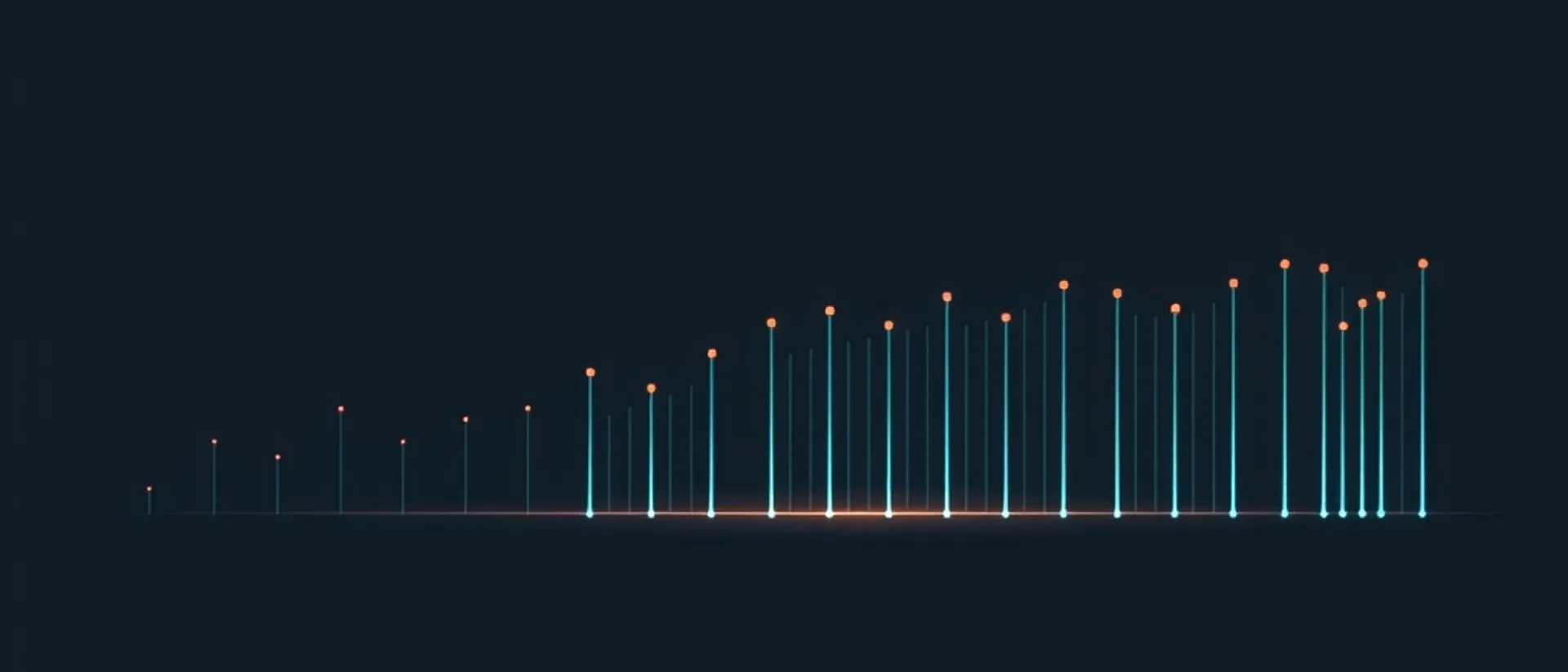 Thin vertical teal lines of rising height standing on a horizontal baseline, each topped with a small orange dot, with a few brighter lines among fainter ones, on a dark navy background