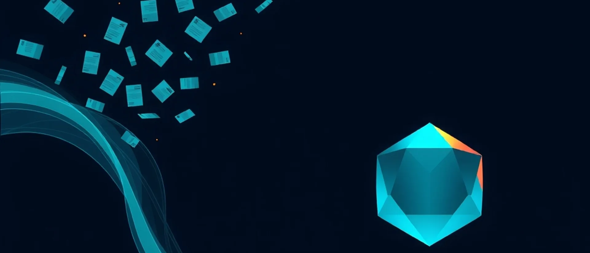 Translucent document cards drifting from the top left toward flowing teal contour lines, with a faceted teal crystal on the right, on a dark navy background