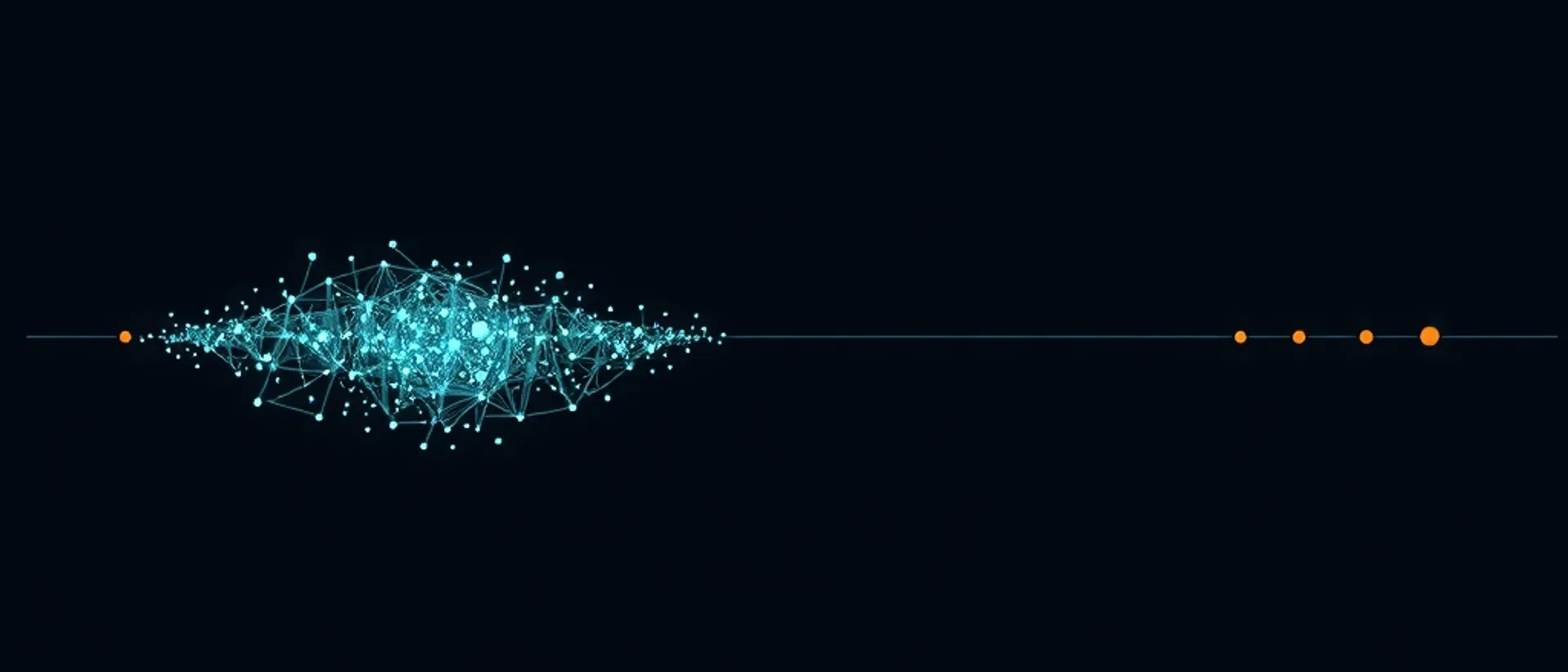 A dense teal network of connected points on the left, a long thin line, and four small orange points spaced along the right, on a near-black navy background