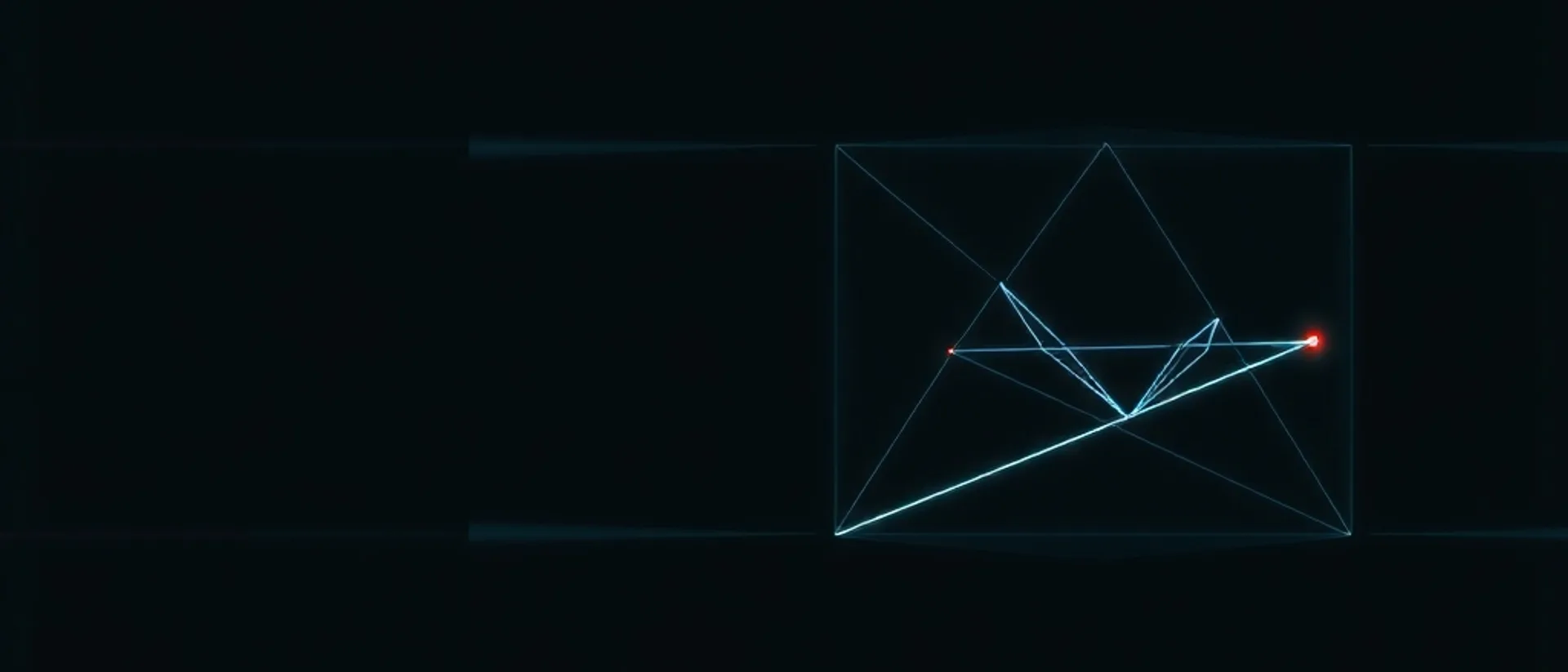 Thin pale-blue lines forming a geometric frame with crossing diagonal paths and a glowing coral point at the right, on a near-black background