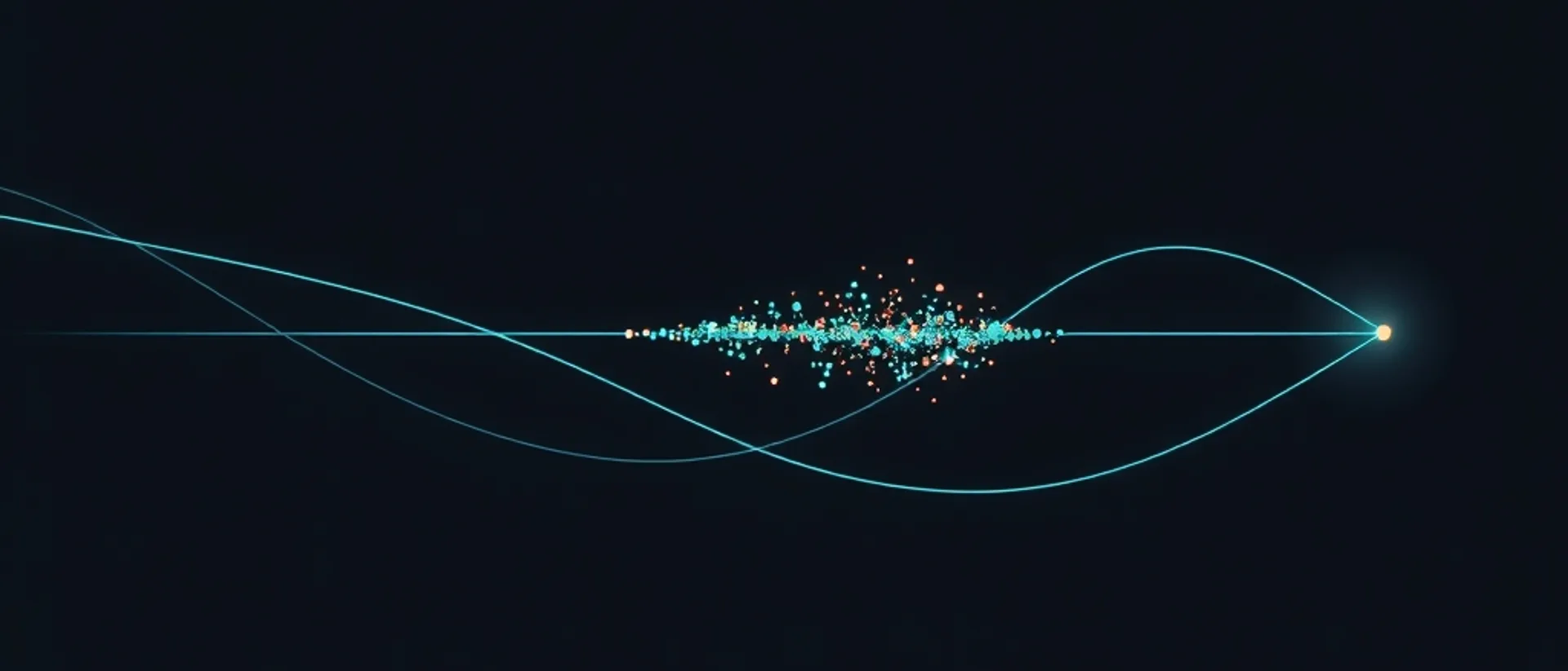 Thin teal lines sweeping across a dark background through a small cluster of teal and coral dots to a glowing amber point on the right
