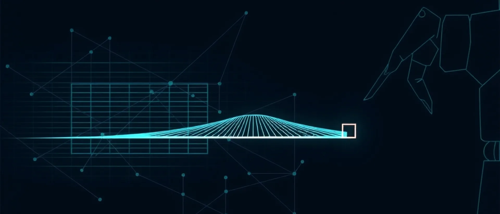 A teal table-like grid and network of nodes on the left, a glowing teal arched bridge of fine lines running to a small white square in the centre, and a faint outlined robot hand reaching in from the right, on a near-black navy background
