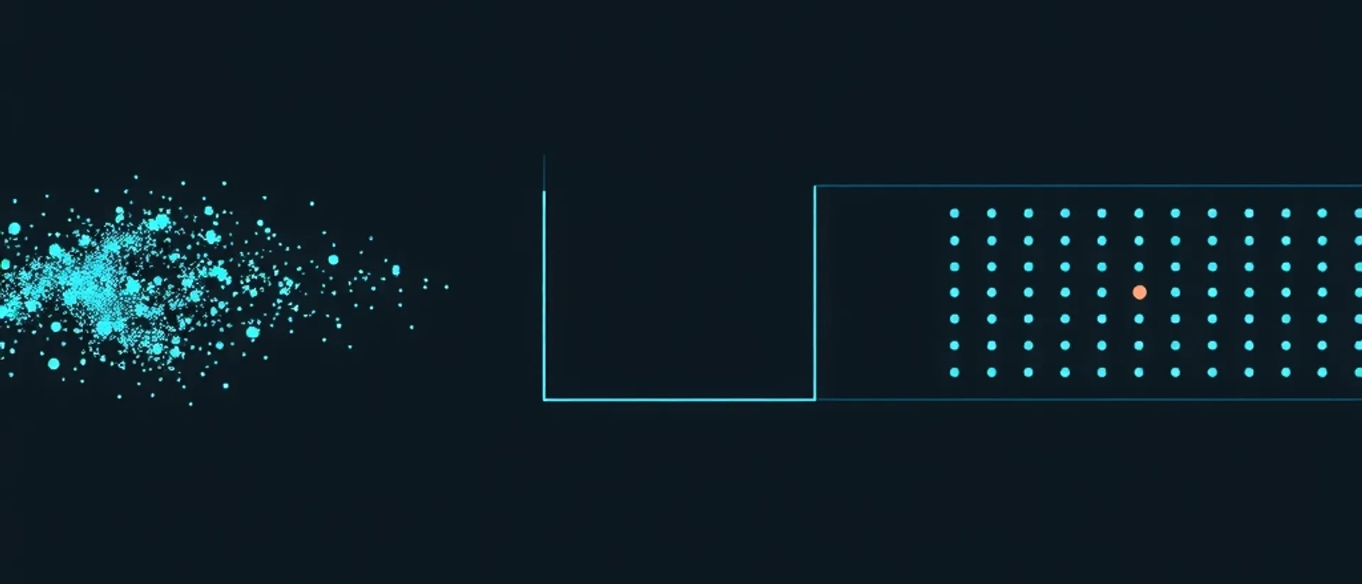 A cloud of scattered teal points on the left, and on the right a thin teal frame containing an even grid of teal dots with a single coral dot among them