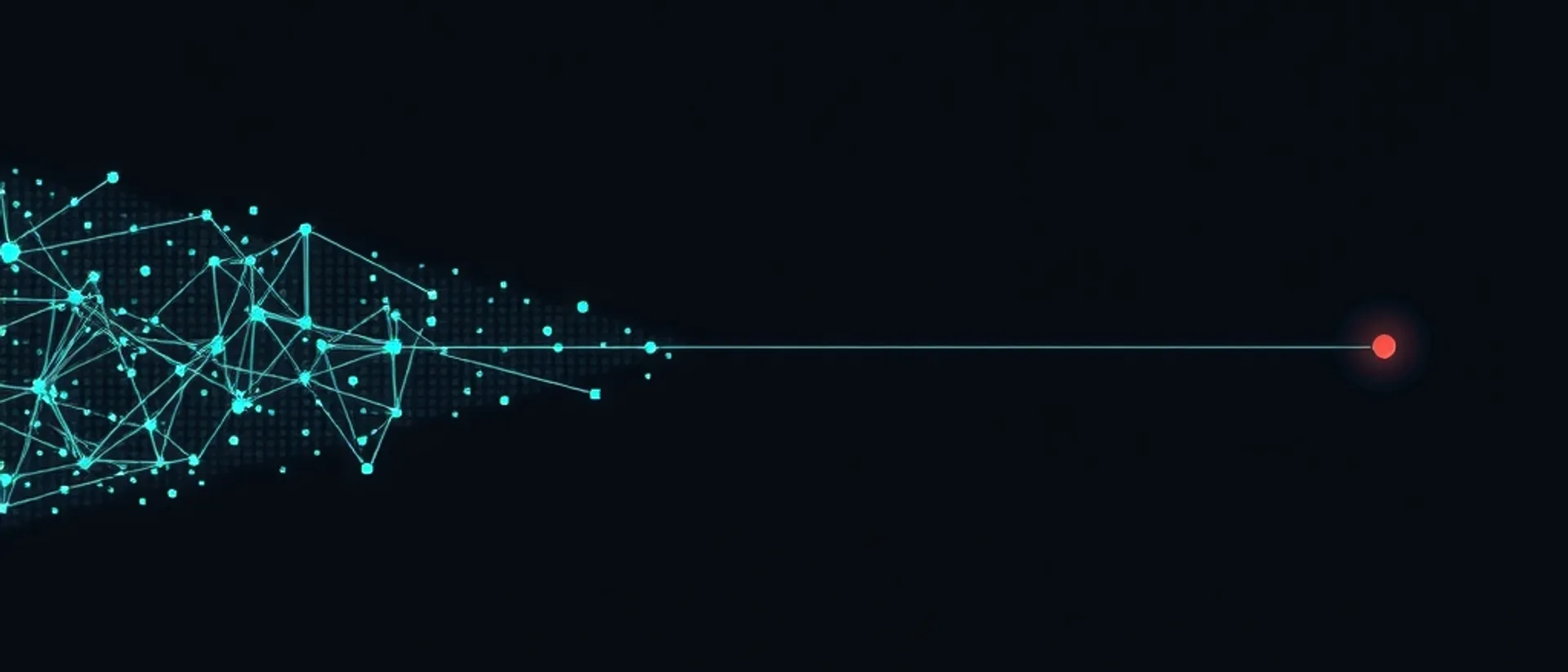 A cluster of teal points joined by thin lines on the left, with a single line running across a dark background to one glowing coral point on the right