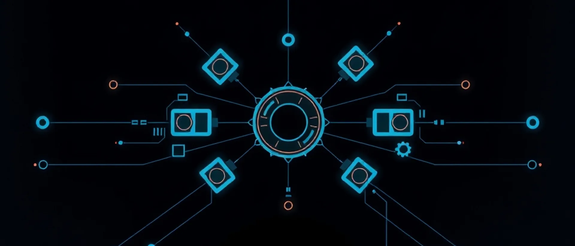 A ring-shaped hub at the centre linked by thin teal lines to rounded square and rectangular nodes, with small coral dots, on a dark navy background
