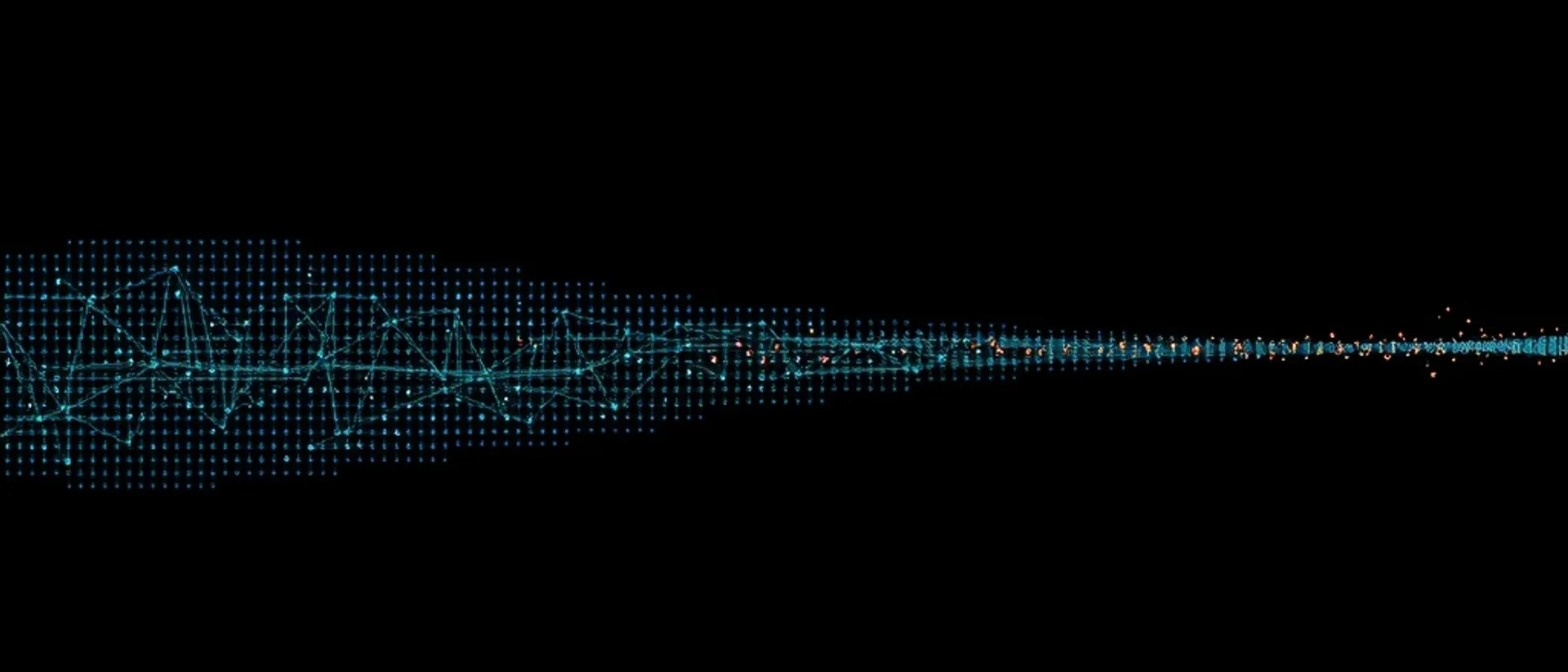 A grid of teal dots with connecting lines on the left that thins into a narrow beam of teal and small coral dots toward the right, on a black background